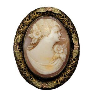 Vintage Authentic Cameo Brooch Gold Tone Mixed Metal Frame Two Tone Leaves